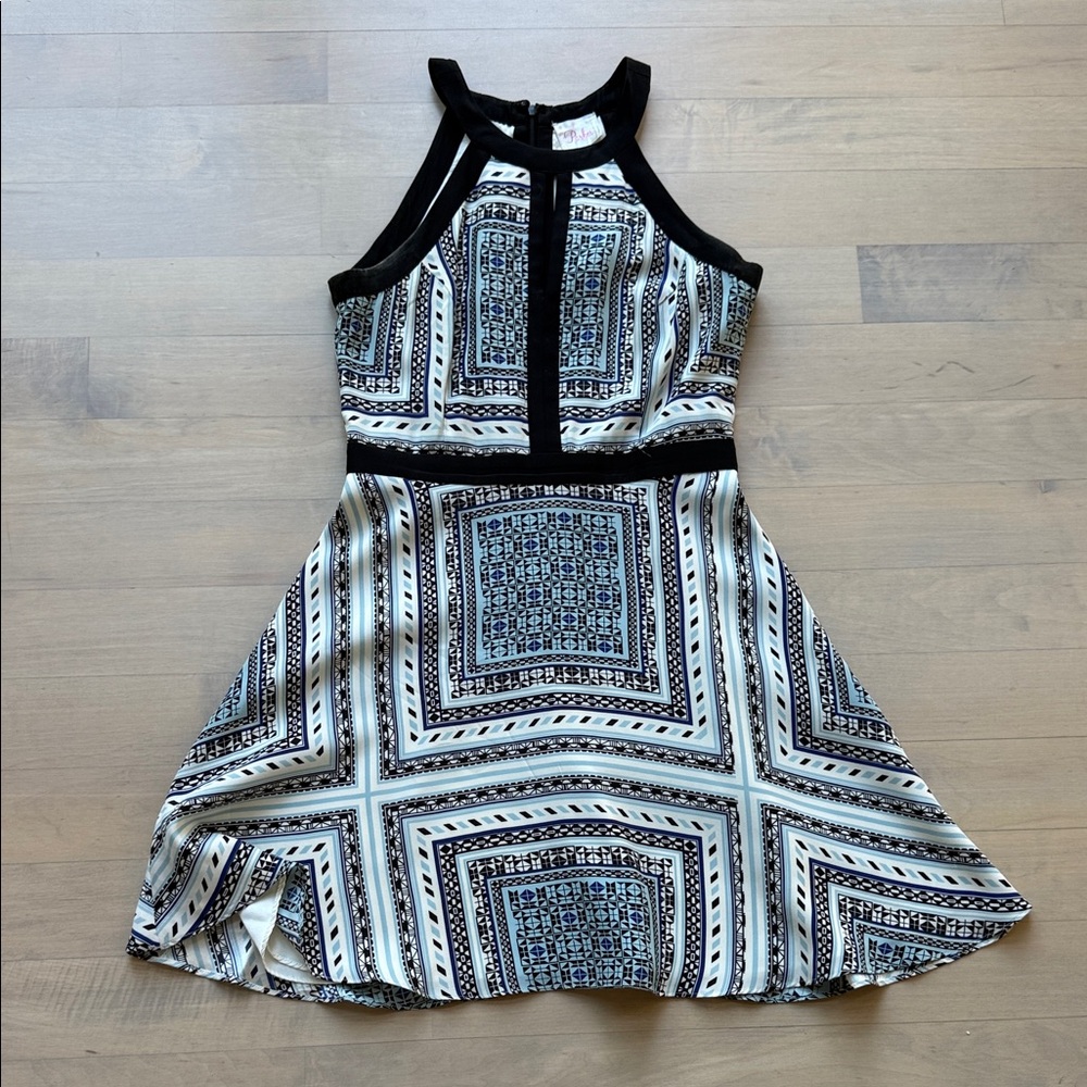 Parker Black & White Geometric Halter Fit-and-Flare Dress